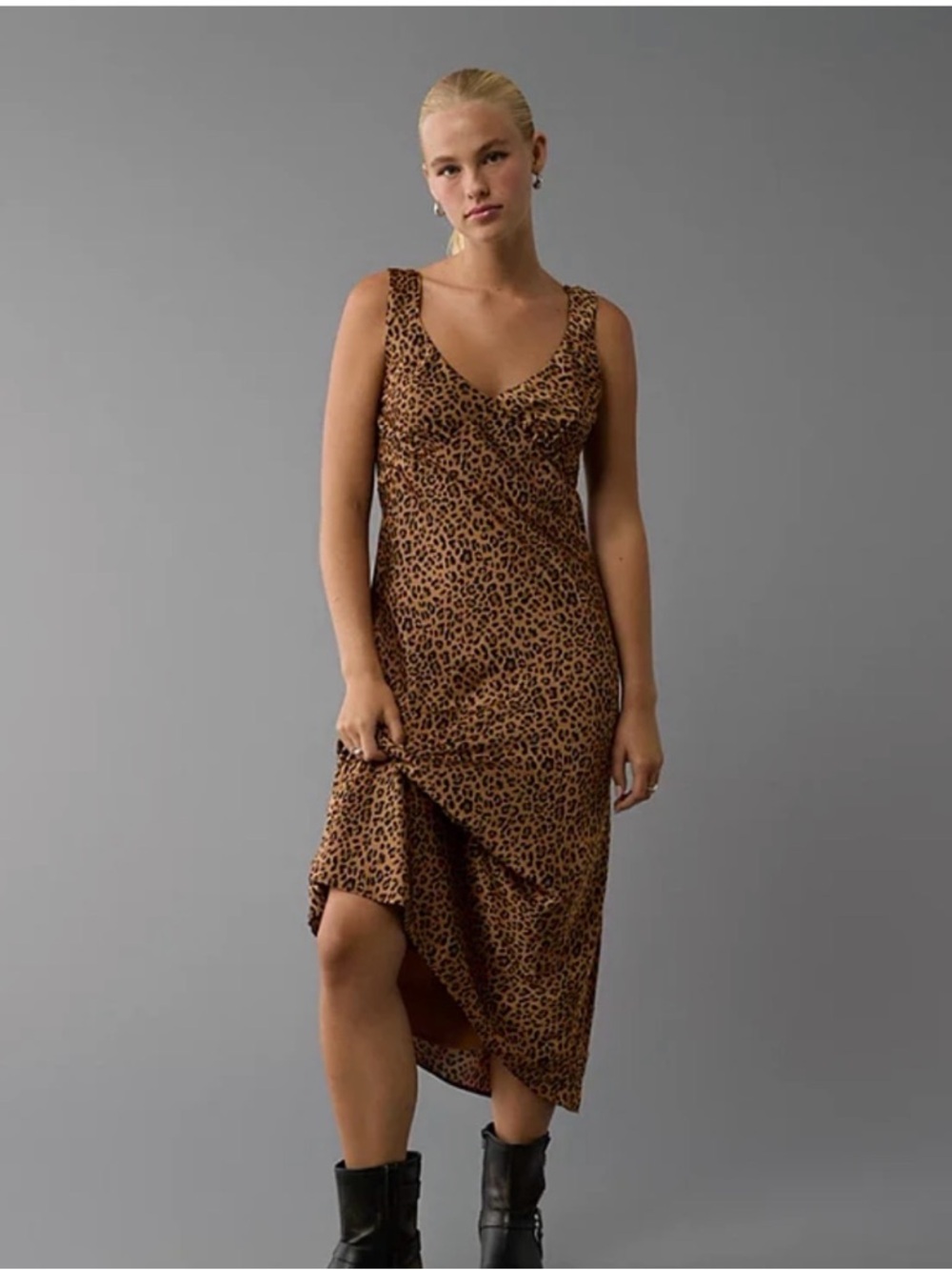 American Eagle Outfitters Brown Leopard-Print Midi Slip Dress